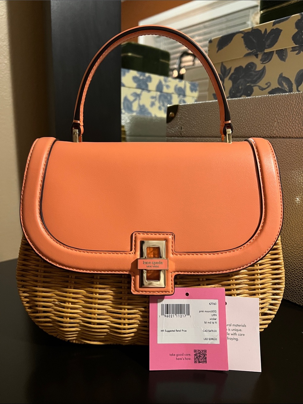 Kate Spade Gracie Coral Top-Handle Wicker Crossbody Bag